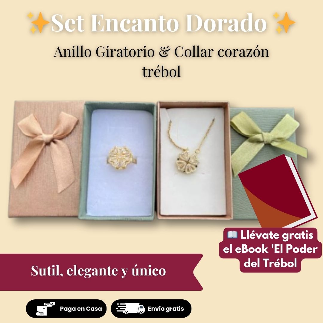 Set Encanto Dorado – Collar corazón trébol + anillo giratorio | 🎁🎁Incluye caja de regalo + eBook gratis🎁🎁