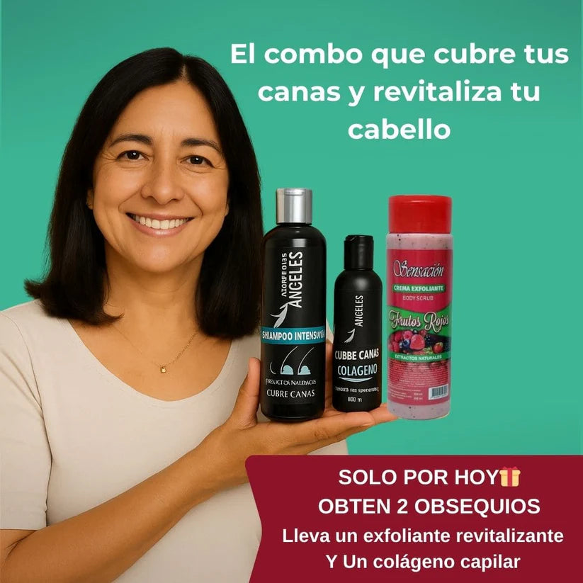Combo Anti-Edad Capilar | Shampoo cubre canas + 🎁Colágeno Fortalecedor + 🎁Exfoliante Revitalizante