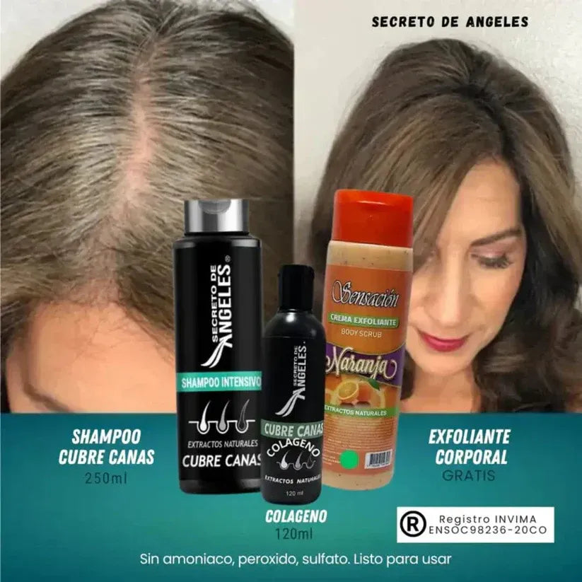Combo Anti-Edad Capilar | Shampoo cubre canas + 🎁Colágeno Fortalecedor + 🎁Exfoliante Revitalizante